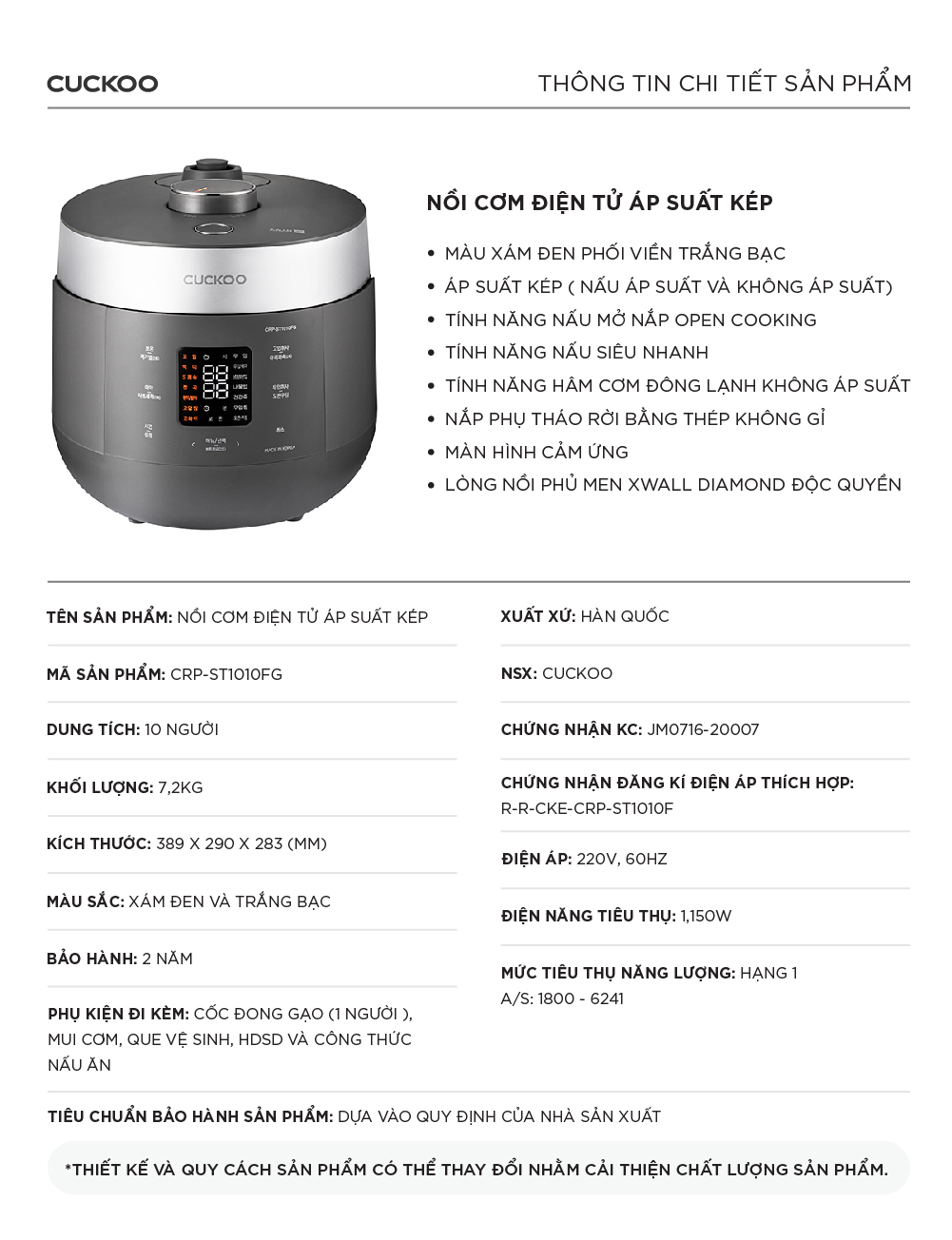Nồi cơm điện tử áp suất kép Cuckoo CRP-ST1010FG 1.8L 